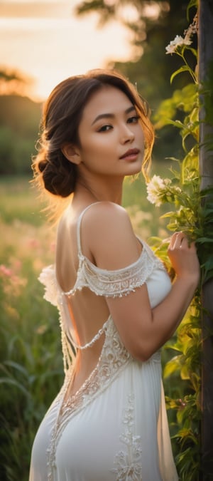 A serene meadow bathes in the warm light of sunset as a stunning girl, adorned in a delicate white dress, poses provocatively towards the viewer. Her shoulder subtly leans forward, showcasing her petite frame and alluring gaze. The camera's perspective captures her full figure from a side view, highlighting her sensual posture amidst the lush greenery and vibrant flowers.