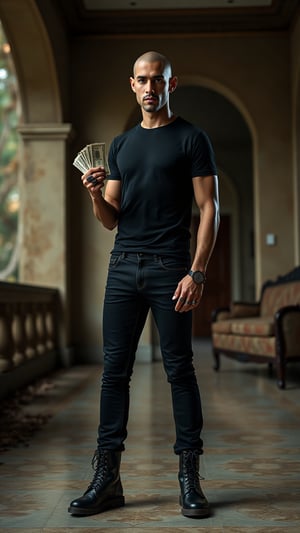 Create a hyper-realistic image of Jaya Aksara, a 30-year-old male, standing at 5'10" with a fit build and pale skin, completely hairless. He stands confidently, holding a bundle of cash in his right hand and a striking black diamond in his left, set against the backdrop of a luxurious yet abandoned home. He wears a fitted black T-shirt, tailored black jeans, and rugged black boots, accessorized with eye-catching rings that add to his allure. The camera captures a direct, engaging angle that showcases his charisma and strength. The decayed grandeur of the architecture contrasts sharply with his effortlessly cool demeanor. Utilize cinematic lighting to create dramatic shadows that filter through broken windows, enhancing the atmosphere. Ensure the image is in HD quality with impeccable detail, achieving an ultra-realistic portrayal.