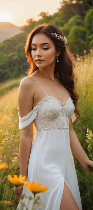 A serene meadow at sunset's warm light, a stunning girl in delicate white dress poses provocatively, shoulder subtly leaning forward, showcasing petite frame and alluring gaze. The camera frames her full figure from a side angle, highlighting sensual posture amidst lush greenery and vibrant flowers.