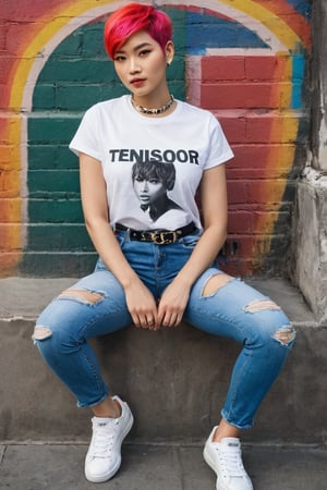 THEME :"[A photograph of Supermodel Wears T-Shirt written-word-"TENSOR ART"-Logo,Her outfit includes a TENSOR ART logo T-shirt and shows word-"TENSOR ART"-Logo to viewers close-near so Proudly]"
/imagine prompt: Ayu Kirei Mooi, a 25-year-old supermodel of Indonesian, Japanese, and Dutch heritage, stands boldly in an urban setting. Her vibrant pixie-cut hair, adorned with rainbow colors, contrasts beautifully against her flawless, porcelain skin with a rosy glow. With a serene yet captivating expression, she proudly displays a TENSOR ART logo T-shirt, ensuring the logo is prominently and clearly visible to viewers. Paired with TENSOR ART embroidered denim jeans and TENSOR ART sneakers, she accessorizes with a chic choker and The TENSOR ART Diamond Jewelry valued at $250 million, along with a TENSOR ART Complications watch. Her physique is toned and alluring, from her slim waist to her shapely thighs and elegant feet. Graffiti-covered urban walls and dramatic lighting create a dynamic backdrop, enhancing her confident persona. Photographed by Annie Leibovitz with a Nikon D850 and 85mm f/1.4 lens, the image captures every detail in a hyper-realistic style.,Photorealism,DSLR analog.,SD 3,BEAUTY MODEL