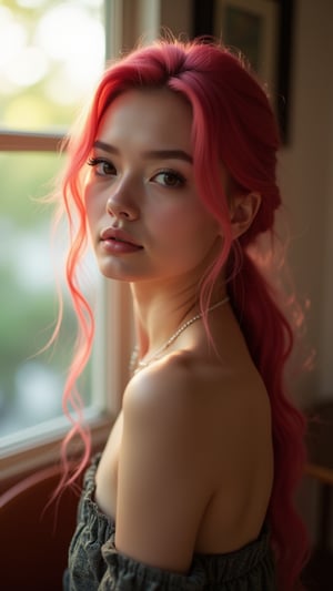 A young woman with striking features sits alone in a cozy indoor setting, her piercing brown eyes gazing directly at the viewer. Her vibrant pink locks cascade down her back like a fiery waterfall. A delicate necklace adorns her neck as she tilts her head slightly, looking back over her shoulder. Natural light filters in through the window behind her, casting a warm glow on her porcelain skin. The camera captures her captivating gaze and striking features in a realistic and intimate portrait.,Photography