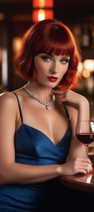 Softly lit Valerina exudes sultry allure, piercing blue eyes sparkling under a framing of fiery red hair styled in a chic bob with blunt bangs. Confident pose showcases cigarette smoke curling upwards in her left hand, wine glass cradled in her right, against the cozy bar setting's dim lighting, warm tones, and vintage decor. Her flawless clear skin glows with a rosy tone amidst the rich atmosphere, captured in ultra-realistic HD from multiple angles.