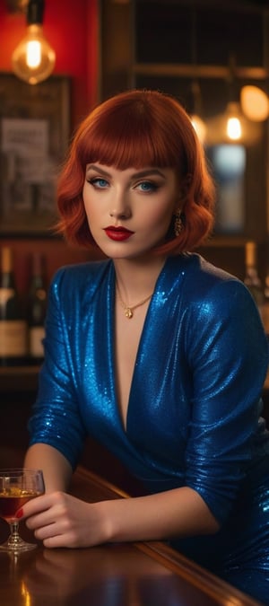 Valerina's sultry gaze pierces through soft, golden light as she poses effortlessly amidst cozy bar decor: dim lighting, warm tones, and vintage flair. Her fiery red bob and blunt bangs frame piercing blue eyes that sparkle with subtle intensity, wine glass held steady in her right hand while a cigarette curls upwards from her left. Legs crossed at the ankles in high heels, Valerina exudes effortless elegance, flawless skin, and radiant beauty highlighted by camera angles showcasing captivating features from every angle in stunning ultra-HD detail.