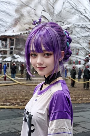 focus female, raiden_shogun, purple colorful_hair, purple eyes, neutral smile face, tshirt clothes
