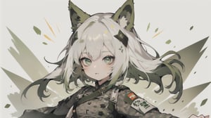 (army clothes), upper_body, flat_chested, dynamic hair, dynamic pose, green eyes, white hair, green animal ears, 1girl, masterpiece, best quality, incredibly absurdress, ultra quality, sharp focus, 8K UHD, highly detailed glossy eyes, ultra quality, green eyes,
