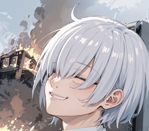 gojo satoru, masterpiece, best quality, 1boy, IncrsDisasterGirlMeme, fire, evil smile, outdoors, KanekiMeme, looking up, hair over eyes, white hair,