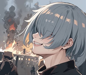 gojo satoru, masterpiece, best quality, 1boy, IncrsDisasterGirlMeme, fire, evil smile, outdoors, upper_body, KanekiMeme, looking up, hair over eyes