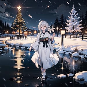 (solo), (full_body), gojo satoru, dynamic hair, dynamic pose, dynamic winter, natural lighting, soft lighting, sunlight, HDR (High Dynamic Range), Maximum Clarity And Sharpness, Multi-Layered Textures, fireflies, happy, playing, winter season, (long_traditional_japanese_clothes), midnight, (moonlight), Christmas, christmas tree, snow, anime, 1girl, PachaMeme, closed eyes