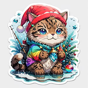 Rainbow Colored Fishing Cat, fishing in the river, every drop of water a rainbow prism, masterpiece, best quality, sticker, winter season, Christmas, snow, ral-chrcrts, 