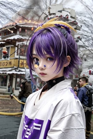shota, raiden_shogun, purple colorful_hair, purple eyes, neutral angry face, stare eyes, tshirt clothes
