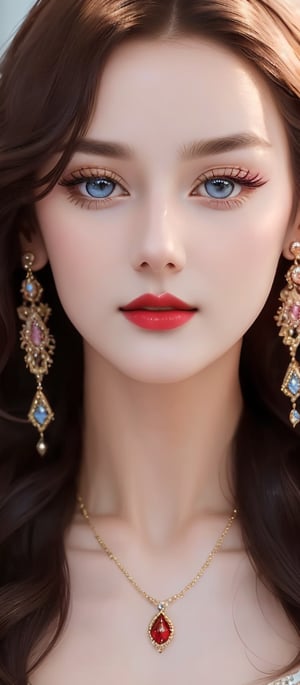 Masterpiece, best, 1 girl (170cm,48kg), solo, ((extremely exquisite and beautiful)),russian girl, 18 years old, (big breasts:1.3), milky white skin, beautiful and delicate light blue eyes, (close up of face), ring earrings, necklace, (thick eyeliner), (eye shadow),(red lips), ((blush)), ((pointy nose)), smile,photorealistic, masterpiece, best quality, raw photo, long hair, brown hair, detailed face, alluring face,