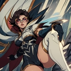 vayneSoL, sunglasses, round_eyewear, short hair, blue eyes, fingerless gloves, elbow gloves, weapon, voloptuous and muscular body, thick thighs, bodysuit, white cape, white thigh boots, (masterpiece:1.2), (best quality), (ultra detailed), (8k, 4k, intricate), (highly detailed:1.2), (detailed face:1.2), (detailed background)