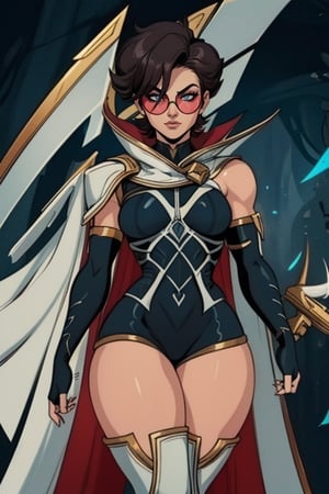 vayneSoL, sunglasses, round_eyewear, short hair, blue eyes, fingerless gloves, elbow gloves, weapon, voloptuous and muscular body, thick thighs, bodysuit, white cape, white thigh boots, (masterpiece:1.2), (best quality), (ultra detailed), (8k, 4k, intricate), (highly detailed:1.2), (detailed face:1.2), (detailed background)