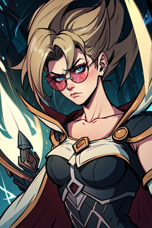 vayneSoL, 1girl, solo, upper_body, short hair, sunglasses, round_eyewear, blue eyes, looking_at_viewer, frown, SuperSaiyan, blonde hair, super saiyan, spiked hair, aura, electricity, (masterpiece:1.2), best quality, ultra detailed, 8k, 4k, intricate, (highly detailed:1.2), (detailed face:1.2), detailed background, black bodysuit, (neckline:1.2), (v-neck:1.2), white cape, fingerless_gloves, breasts, toned, sky night background, out of forest