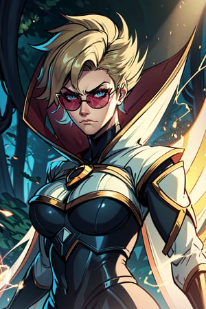 vayneSoL, 1girl, solo, upper_body, short hair, sunglasses, round_eyewear, blue eyes, looking_at_viewer, frown, SuperSaiyan, blonde hair, super saiyan, spiked hair, aura, electricity, (masterpiece:1.2), best quality, ultra detailed, 8k, 4k, intricate, (highly detailed:1.2), (detailed face:1.2), detailed background, black bodysuit, (neckline:1.2), (v-neck:1.2), white cape, fingerless_gloves, breasts, toned, sky night background, out of forest, ((surrounded by electric rays:1.2), (electric aura:1.2))