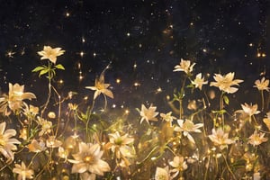 A dreamy close-up shot frames the mystical garden, with a shallow depth of field emphasizing the luminescent flowers and leaves. Soft, golden lighting emanates from the gemstones, casting a warm glow on the iridescent petals. The velvety blackness of the night sky serves as a dramatic backdrop, allowing the celestial blooms to shimmer like stars. A gentle breeze stirs the delicate petals, causing them to softly sway in harmony with the twinkling lights above.