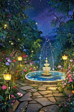 A whimsical twilight scene unfolds: an enchanted garden bathed in soft, ethereal light as flowers radiate gentle luminescence amidst intricately carved stone pathways. A majestic fountain, aglow with mystical energy, stands sentinel at the heart of this verdant haven, while fireflies dance about it like tiny lanterns, casting a mesmerizing glow on the lush foliage.