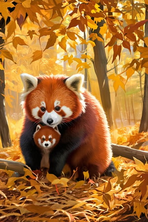 A warm and intimate scene of a red panda family huddled together amidst a tapestry of golden autumn leaves, as soft sunlight filters gently through the forest canopy, casting dappled shadows on their fur. The family's reddish-brown coats blend harmoniously with the surrounding foliage, evoking a sense of cozy contentment.