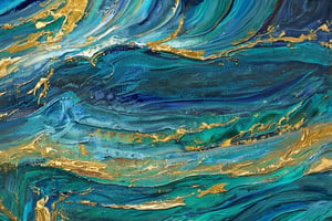 A close-up of an abstract, textured canvas where layers of oil paint form a swirling ocean of deep blues and greens, with gold leaf accents catching the light.