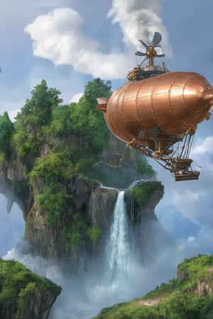 A majestic steam-powered airship, its copper propellers gleaming in the soft light, docks gently onto the lush greenery of a mystical floating island. The surrounding clouds provide a dramatic backdrop, while waterfalls cascade down the island's edges, misty veils rising into the atmosphere like ethereal brushstrokes. The airship's intricate wooden framework and delicate rivets seem to shimmer in harmony with the gentle wisps of steam wafting from its engines.