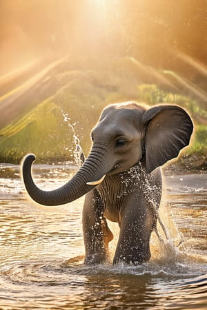 A baby elephant taking a playful bath in a small pond, splashing water joyfully under the golden rays of the sun.