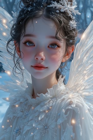 Beautifully captured, a Rococo-beautiful young girl floats effortlessly against a backdrop of icy whites and soft blues in 8K Ultra HD. Her upper body is wrapped in delicate tulle, embroidered with frost-like lily patterns. Articulated details sparkle: snowflake-like crystals nestle in her white-streaked hair, a shimmer of frost dusts her skin, and delicate wings behind her glow like frozen lily petals. A calm, gentle smile touches her lips as tiny glowing snowflakes swirl around her, calling the viewer into a magical winter wonderland