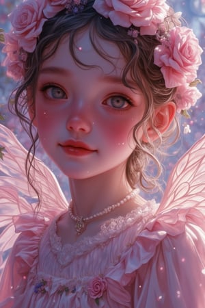 Beautifully captured, a mysterious realm unfolds as a Rococo-inspired young girl appears against a luminous backdrop of soft pastel pinks and lilacs in 8K Ultra HD. Her upper body is draped in ruffled fabrics adorned with tiny roses and delicate lace trims. Articulated details shine: light-pink petals are woven through her cascading curls, pearl accents glimmer on her neckline, and her translucent wings shimmer like glass rose petals. A warm, serene smile graces her delicate face as glowing motes of soft light swirl around her, inviting the viewer into a gentle floral dream