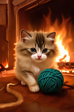 A fluffy kitten playing with a ball of yarn by a fireplace, with soft, warm lighting and a cozy atmosphere.