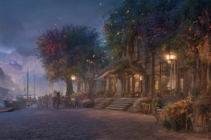 Bustling future harbor city street scene (summer night scene): "Generate a realistic and stunning leisure open-air cafe landscape, the scene should have the charm of the fusion of architecture and nature. Dusk, thick fog, starry sky, charming colorful clouds, beautiful royal garden plants, gorgeous flowers, cobblestone pavement, natural stone steps, sunlight shining through dense ancient towering trees on the cobblestone streets, the falling leaves in the sky seem to dance in the air, and a mysterious (stately) house from the Viking era. The old stone and wood structure house and technological lighting are particularly charming, reflecting the fusion of cyberpunk and art punk imagery.