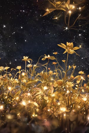 A dreamy close-up shot frames the mystical garden, with a shallow depth of field emphasizing the luminescent flowers and leaves. Soft, golden lighting emanates from the gemstones, casting a warm glow on the iridescent petals. The velvety blackness of the night sky serves as a dramatic backdrop, allowing the celestial blooms to shimmer like stars. A gentle breeze stirs the delicate petals, causing them to softly sway in harmony with the twinkling lights above.