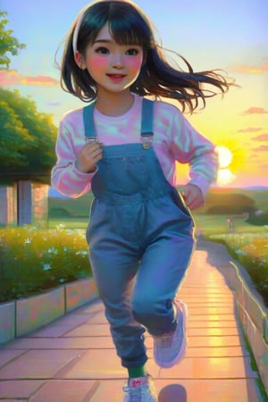 (((score_9, score_8_up, score_7_up, best quality, 4K, 8K, high-resolution, masterpiece, ultra-detailed, realistic, photorealistic))), (((1girl, solo, black hair, outdoors, shoes, sneakers, walking, sunset, running, realistic, sun, overalls))),(((high resolution, extremely sharp, ultra-real, extremely detailed, an ultra-realistic photograph captured with a Sony α7 III camera, equipped with an 85mm lens, depicting, The image, taken in high resolution.))),Claude Monet, pastel brushstrokes,Innocence Girl