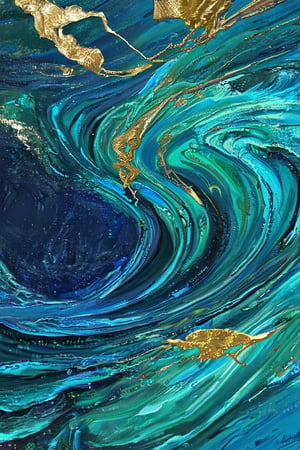 Close-up shot of a textured canvas, the camera lens focusing on intricate oil paint layers resembling a turbulent ocean. Deep blues and greens swirl together, as if churning underwater currents. Gold leaf accents glint in the light, adding an air of luxury and mystery to this abstract masterpiece.