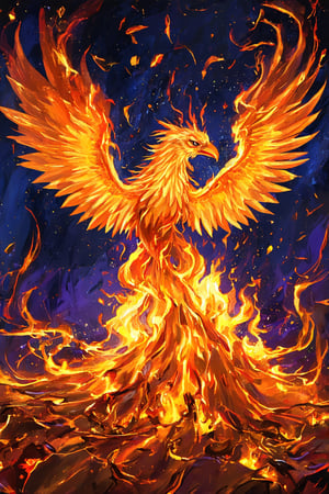 A majestic phoenix emerges from a fiery inferno, its radiant plumage aglow amidst swirling winds of golden hues. Shards of scarlet and amber glass fragments dance across the surface as flames lick at the edges. Against a backdrop of dark blue and purple glass, the bird's majestic wings spread wide, feathers ruffled by the turbulent gusts. Vibrant orange and yellow hues illuminate the phoenix's fiery rebirth.