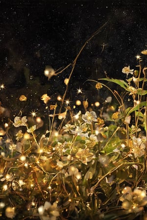 A dreamy close-up shot frames the mystical garden, with a shallow depth of field emphasizing the luminescent flowers and leaves. Soft, golden lighting emanates from the gemstones, casting a warm glow on the iridescent petals. The velvety blackness of the night sky serves as a dramatic backdrop, allowing the celestial blooms to shimmer like stars. A gentle breeze stirs the delicate petals, causing them to softly sway in harmony with the twinkling lights above.