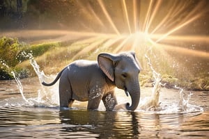 A baby elephant taking a playful bath in a small pond, splashing water joyfully under the golden rays of the sun.