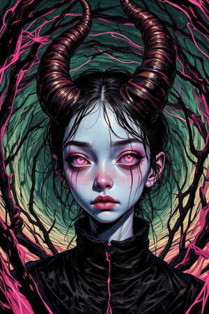 A disturbing portrait in the style of Junji Ito's horror manga. A young woman with an elongated face and unnaturally wide, glowing pink eyes stares directly at the viewer. Her skin is pale and sickly, with intricate, unsettling patterns of veins visible beneath. Her hair is a chaotic mix of black and neon pink, with strands that seem to writhe and twist unnaturally. Atop her head are two large, twisted horns that curve menacingly. The background is a swirling vortex of sickly green and electric pink, with sharp, jagged black lines cutting across like cracks in reality. Tendrils of darkness seep from the edges, reaching towards the woman. The entire image is rendered in high contrast black ink lines and halftone dots, typical of manga. Emphasize the unsettling details: slightly too-sharp teeth visible between parted lips, shadows that don't quite match the light sources, and subtle distortions in perspective that make the viewer's eyes hurt to look at too long. Include Junji Ito's signature elements: obsessive detail, body horror, and a sense of cosmic dread. The overall effect should be deeply unsettling, as if the woman is not quite human and her very existence is a violation of natural law.