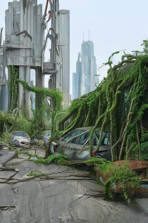 A sprawling metropolis lies in ruin, skeletal towers piercing the sky like metal stalactites as lush greenery claims the streets. Vines wrap around rusted cars, their windows shattered like broken mirrors. Overgrown concrete pillars support twisted vegetation, a testament to nature's relentless grasp on this once-thriving cityscape.