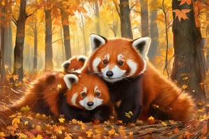 A cozy family of red pandas snuggled together in a forest, surrounded by soft autumn leaves, with gentle sunlight filtering through the trees.