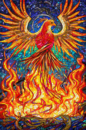 A fantasy-inspired stained glass mosaic depicting a phoenix rising from the ashes, with intricate patterns of fire, feathers, and swirling winds in vibrant colors.