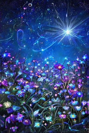 A celestial garden made of glowing gemstones and iridescent petals, where each plant and flower radiates a soft, ethereal light under a velvet night sky.