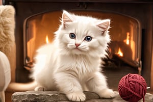 A close-up shot of a fluffy white kitten, its fur glowing in the soft, warm light of a crackling fireplace. The kitten's paws grasp a ball of yarn as it playfully bounces it off the stone hearth. The surrounding atmosphere is cozy and intimate, with plush furniture and warm-toned wooden accents creating a sense of comfort and tranquility.