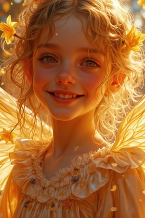 Beautifully captured, a Rococo-beautiful young girl glows against a warm, golden backdrop filled with sunshine tones in 8K Ultra HD. Her upper body is dressed in layers of silk ruffles, embroidered with tiny daffodils. Articulated details shimmer: loose curls of golden hair are tucked with fresh flowers, sunlit freckles dot her soft cheeks, and glowing wings spread behind her, resembling bright petals. A joyous smile lights her face as colorful, floating motes dance around her, drawing the viewer into a radiant, sunny fantasy