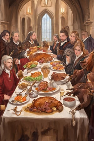 Fantasy illustration, (((medieval setting))), A grand feast unfolds within the majestic great hall of a castle, lords and ladies in (((medieval attires))) are seated at a long table, There were great joints of aurochs roasted with leeks, venison pies chunky with carrots, bacon, and mushrooms, mutton chops sauced in honey and cloves, savory duck, peppered boar, goose, skewers of pigeon and capon, beef-and-barley stew, cold fruit soup