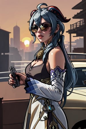 GAME_GTA6_TrailerGirl_ownwaifu,
((masterpiece)),((best quality)),(highres, absurdres), original, official_art, chromatic_aberration, light_particles, bokeh, bloom, depth_of_field, outdoors, day, looking at viewer, solo, cowboy shot,Sunglasses, pistols, gangsters, red tones, sunset tones, sunset ,ganster,Car,gun,style{(((ganyudef)))},{(((Sunsets)))}, {(((Evening sunsets)))}.,gtasa2004,More Detail,
