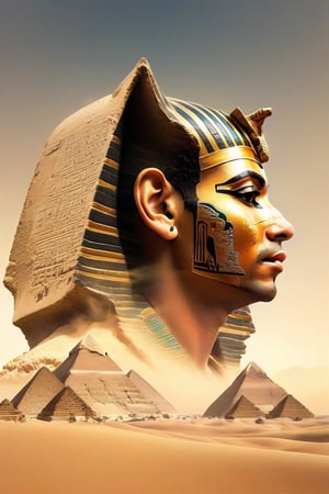 double exposure style, Egyptian pharaoh side view, pyramids, desert,