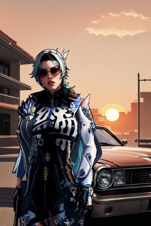 GAME_GTA6_TrailerGirl_ownwaifu,
((masterpiece)),((best quality)),(highres, absurdres), original, official_art, chromatic_aberration, light_particles, bokeh, bloom, depth_of_field, outdoors, day, looking at viewer, solo, cowboy shot,Sunglasses, pistols, gangsters, red tones, sunset tones, sunset ,ganster,Car,gun,style{(((Euladef)))},{(((Sunsets)))}, {(((Evening sunsets)))}.,gtasa2004,More Detail,,