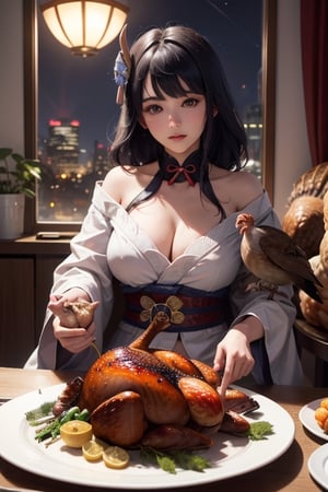 masterpiece,raidenshogundef,masterpiece, incredibly absurdres, ultra detailed, ultra quality, sharp focus, soft smile, 1girl, sitting, table, nighttime, big window, {(((she Holding a turkey on a plate)))}. animated eating
