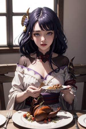 masterpiece,raidenshogundef,masterpiece, incredibly absurdres, ultra detailed, ultra quality, sharp focus, soft smile, 1girl, sitting, table, nighttime, big window, {(((she Holding a turkey on a plate)))}. animated eating,Detailedface