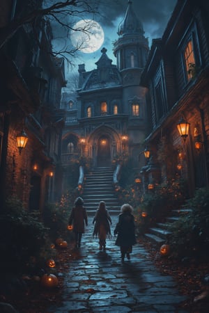 A dark and eerie alleyway at dusk on Halloween night, lit only by flickering jack-o-lanterns and the moon's silvery glow. A group of trick-or-treaters in elaborate costumes, their faces aglow with excitement and mischief, approach a haunted mansion's creaking front door.