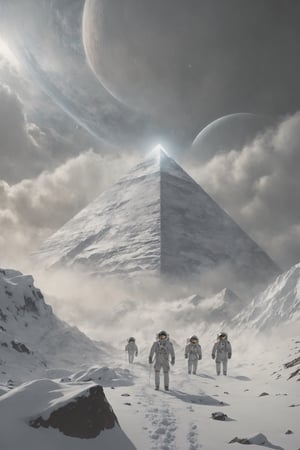((masterpiece)), hyperrealism, 16k, a snow-covered planet, ice and snow, a blizzard, a detachment of astronauts makes their way to a giant pyramid on the horizon, a giant pyramid in the distance through fog and blizzard